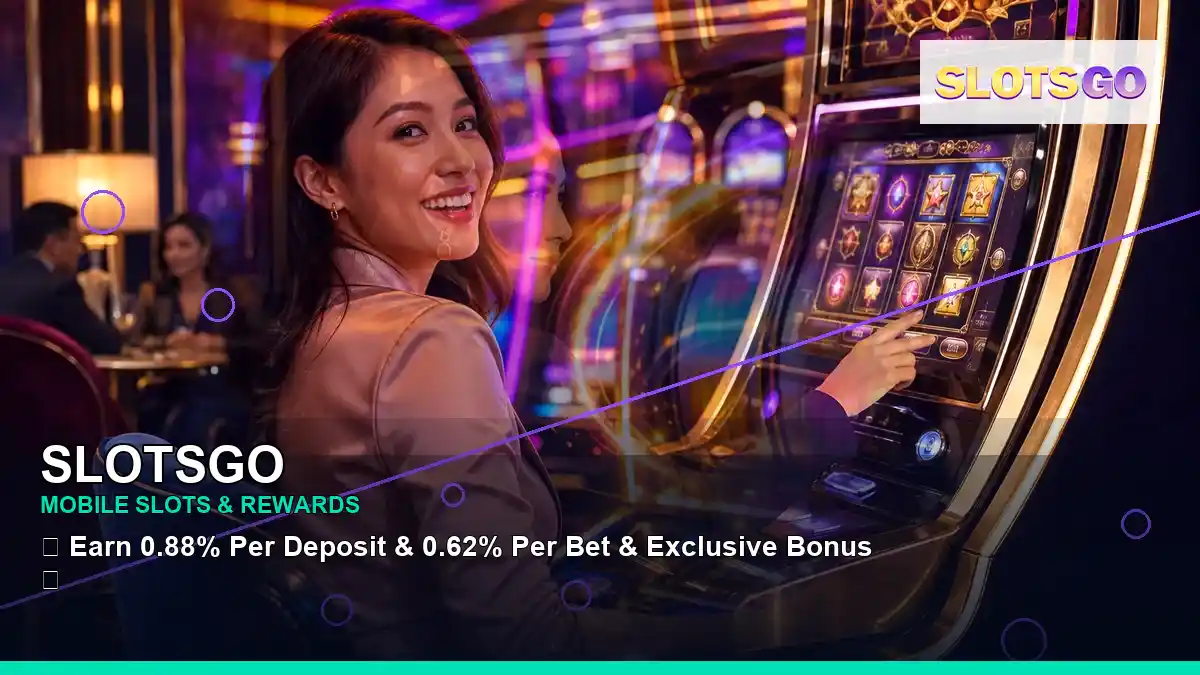 SLOTSGO burst free spins slot games featuring an adult Filipina casino host with a layered collage composition