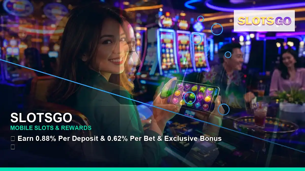 SLOTSGO mobile casino app featuring an adult Filipina casino host with a left-diagonal composition